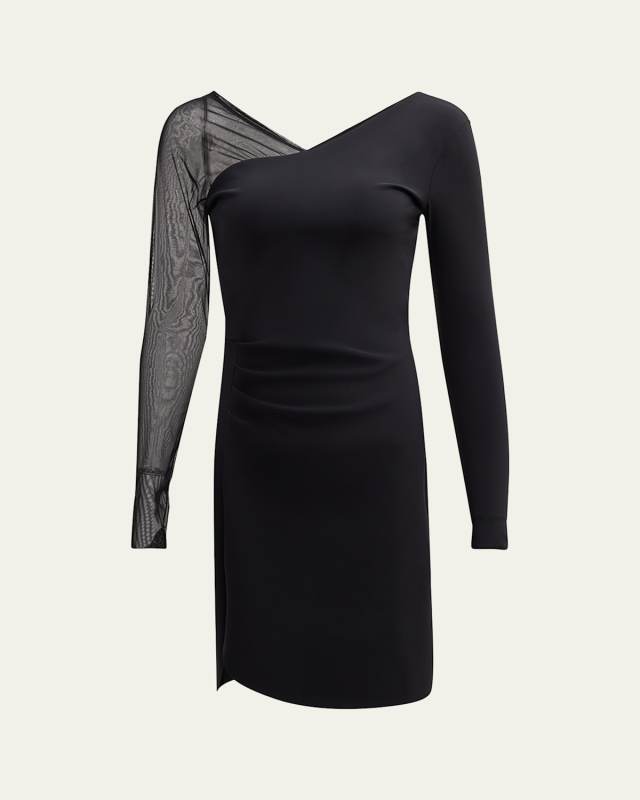 Pleated Sheer-Sleeve Bodycon Mini Dress
